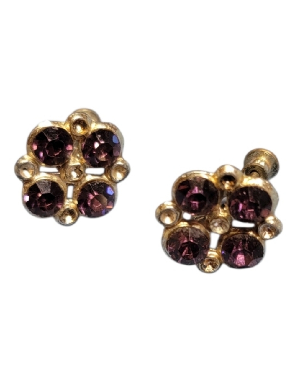 VINTAGE! Purple Rhinestone Earrings Gold Tone Screw Back Earrings